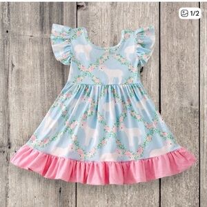 New Boutique Pink and Blue Kids Dress with Spring Lamb Print